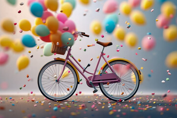 Fototapeta premium Bicycle on the festive background with air balloons. Super photo realistic background. Generative ai illustration
