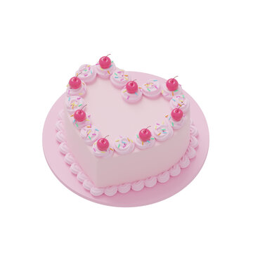 パステルピンクのハート型のさくらんぼケーキの3DCG背景透過画像