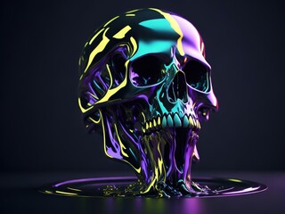 Abstract 3d bubbling liquid chrome skull splash, luminous color blending.
