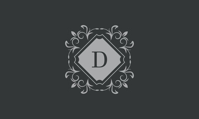 Floral frame with calligraphic elements, letter D. Template for signs, logos, labels, stickers, cards. Graphic design of the page, business.