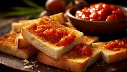 Pieces of Ciabatta bread slices with tomato sauce and garlic