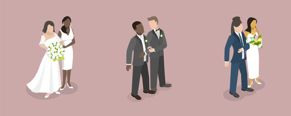 3D Isometric Flat Vector Conceptual Illustration of LGBTQ Marriage, Homosexual Non-traditional Families
