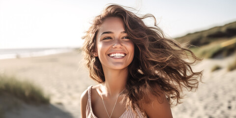 She flashes a bright smile, radiating happiness.