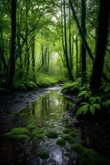 Obraz premium Lush forest after a night of rain. Generative AI