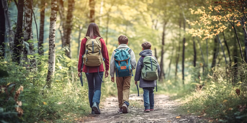 Mom and her children pose for a photo, wearing backpacks, beaming with joy.