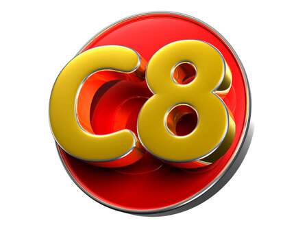 C8 gold on red circle 3D illustration. Advertising signs. Product design. Product sales. Product code.