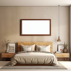 Modern Bedroom Mockup with Bed and Blank Picture Frame on the Wall