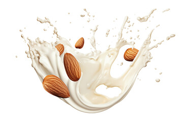 Milk splash with almonds isolated on transparent or white background, png