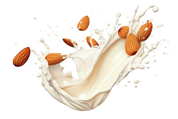 Milk splash with almonds isolated on transparent or white background, png