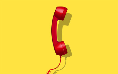 3d red vintage telephone handset receiver communication isolated float on yellow background. Retro analog phone. Old communicate technology. object composition bottom vector illustration