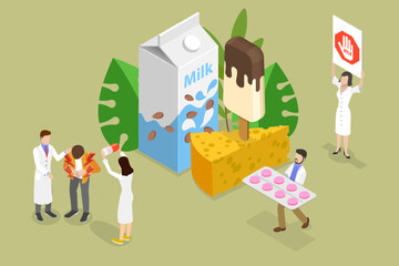 3D Isometric Flat Vector Conceptual Illustration of Lactose Intolerance, Poor Lactose Digestion