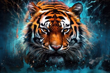Tiger's head with vibrant splashes of colors. It creates a sense of movement and liveliness, reflecting the tiger's untamed spirit.