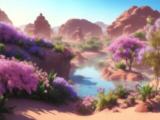 Beautiful oasis in desert, Generative AI Illustration.