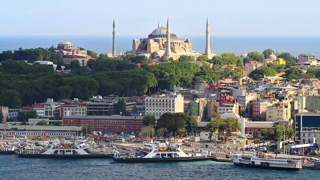Istanbul Historical Peninsula with Hagia Irene and Hagia Sophia. Static long shot
