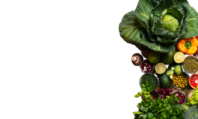 Organic green vegetables on isolated png background farming and healthy food copy space flat lay presentation frame