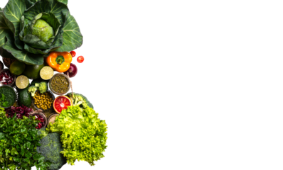 Organic colorful vegetables on isolated png background farming and healthy food copy space flat lay presentation frame