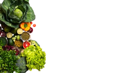 Papier Peint photo Manger Organic colorful vegetables on isolated png background farming and healthy food copy space flat lay presentation frame