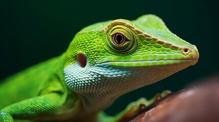 Fototapeta premium Green anole close-up. A small reptile in bright green color. Generative AI