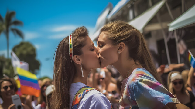 Kissing women at gay pride parade-Generative AI