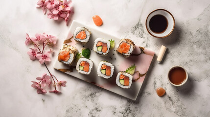 Obraz na płótnie Canvas Beautiful Sushi Platter Flat Lay on White Marble/Stone Background with Fresh Fish, Rice, and Seaweed - Studio Lighting Effect - Asian Cuisine Food Photography - Generative AI