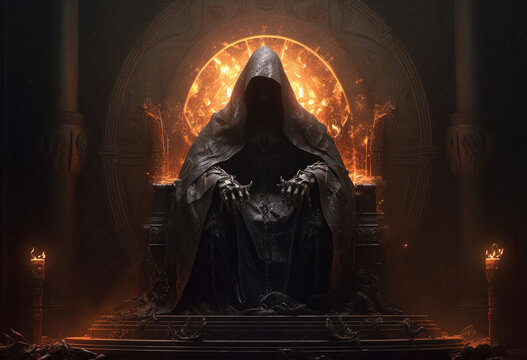 Naklejka Man in hood sitting on royal throne in dark castle hall. Fantasy medieval throne for king. Created with Generative AI