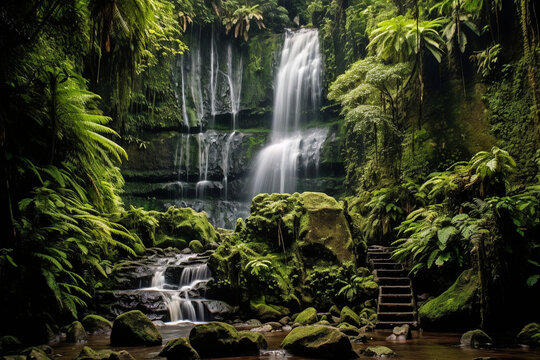 Waterfall in the lush rainforest Generative AI