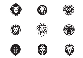 Lion Head Logo Set Black and White Vector Illustration