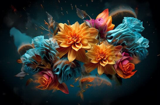 Many colorful flowers against blue background, in the style of graflex speed graphic, organic nature