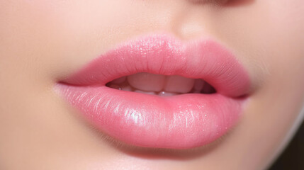 Fototapeta premium Close up of beautiful woman's lips with pink lipstick with macro photo created with Generative AI Technology