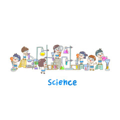 Cartoon kids learning science classroom.

