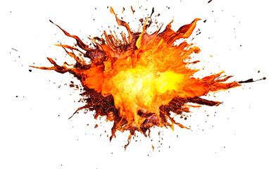 Realistic fiery explosion with sparks over a transparent background.