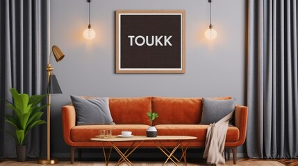 Mockup poster frame in modern interior. 3D Render. Generated with AI technology.