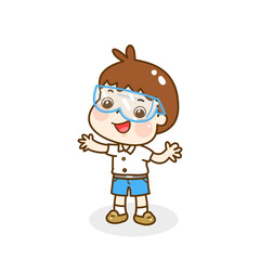 Cartoon kids learning science classroom.