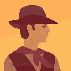 Portrait of a young male cowboy in a hat. Wild west. Western Texas. Cartoon vector illustration