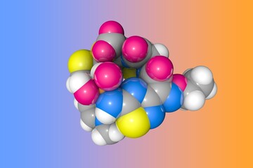 Ceftaroline fosamil. Atoms are shown as spheres with conventional color coding: carbon (grey), oxygen (red), hydrogen (white), nitrogen (blue), sulfur (yellow), phosphorus (orange). 3d illustration