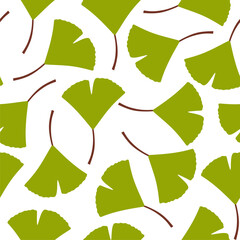 Green Ginkgo leaves background. Seamless Pattern with Ginkgo Tree Leaves on white background. Sketch vector.