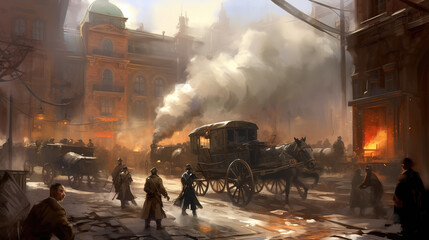 illustration of oldtimer cars in a industrial revolution art, ai generated image