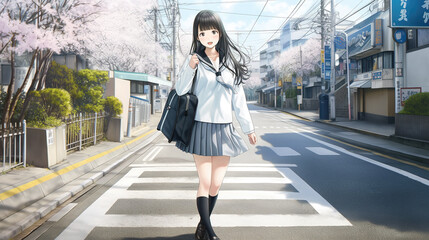 Obraz premium a beautiful smiling anime woman in school dress standing in front to take a picture, ai generated image