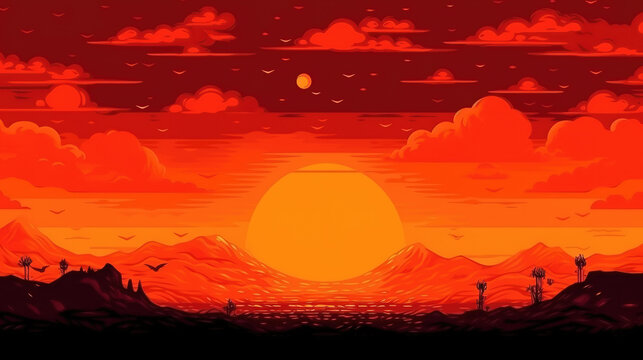 a beautiful red touched sunset illustration, wallpaper style, ai generated image