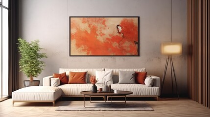 Mockup poster frame in modern interior. 3D Render. Generated with AI technology.