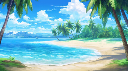 a wonderful peaceful anime wallpaper artwork of a beach with palms, ai generated image