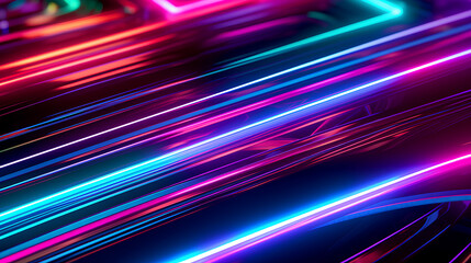 Abstract neon lights into digital technology. Futuristic technology abstract background with lines for network, big data, data center, server, internet, speed. 3D render. IA generative.