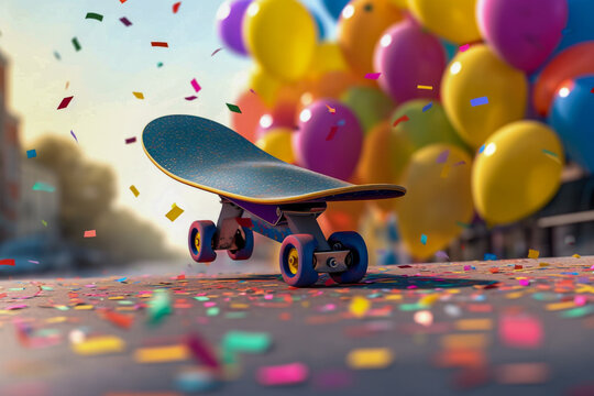 skateboard for kids on the festive background with air balloons. Super photo realistic background. Generative ai illustration