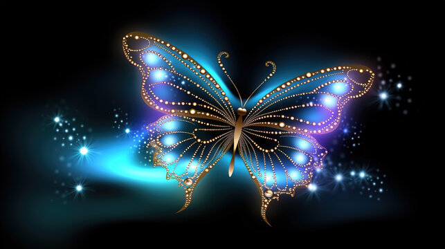 a jewelry inspired lightning butterfly with black background, ai generated image
