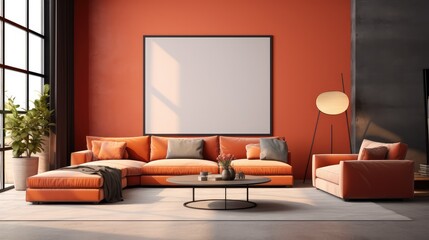 Mockup poster frame in modern interior. 3D Render. Generated with AI technology.