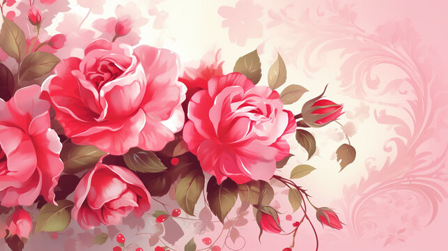 classic inspired wedding card with roses and flowers, pink style, ai generated image