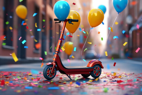 Electric scooter for kids on the festive background with air balloons. Super photo realistic background. Generative ai illustration