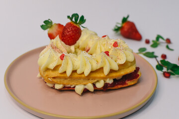 background of colorful cakes with fruit- close up of cakes