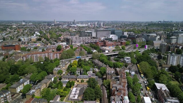The drone aerial footage of Hammersmith, London. Hammersmith is a district of West London, England.  It is the administrative centre of the London Borough of Hammersmith and Fulham.
