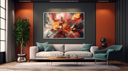 Mockup poster frame in modern interior. 3D Render. Generated with AI technology.